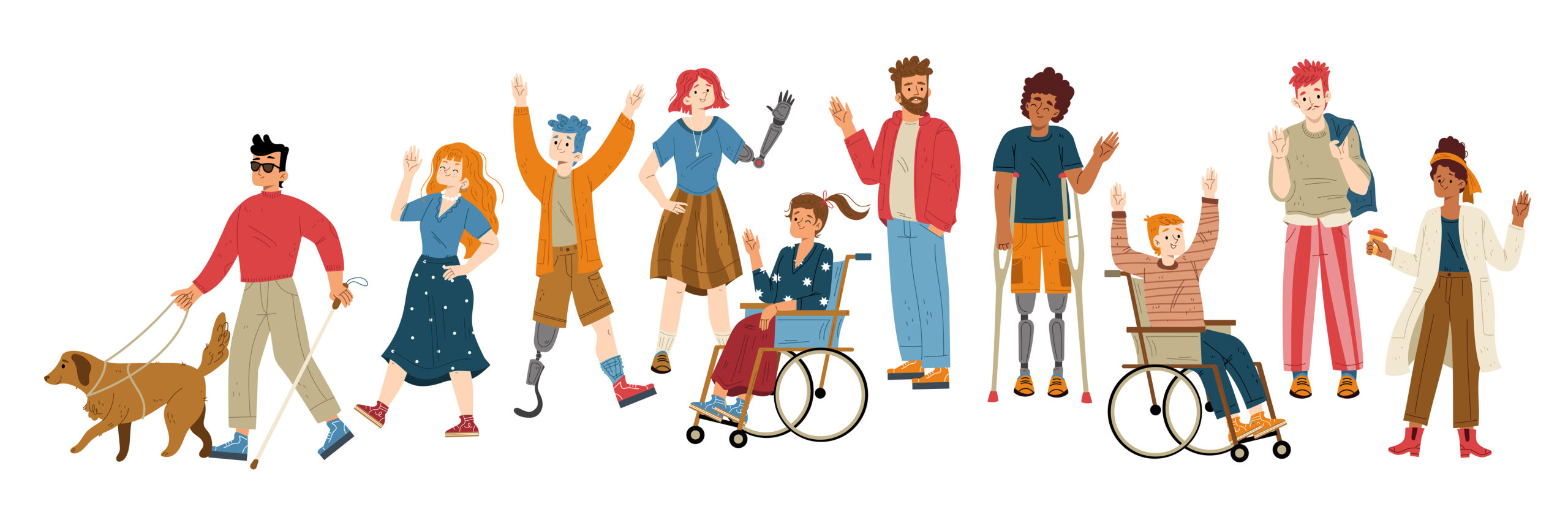 People with different disabilities waving hand. Vector flat illustration of characters with prosthesis of hand and leg, woman in wheelchair, african american man on crutches and blind with guide dog